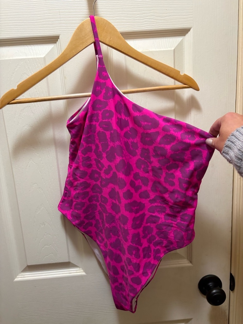 PrettyLittleThing One Shoulder Swimsuit Pink Leopard Print Size 8